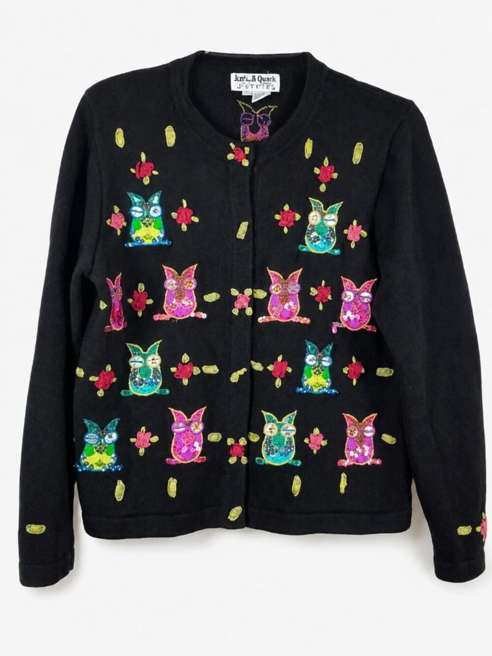JACK B QUICK Vtg long sleeved black multi-colored Owl beaded design Sweater Sz S